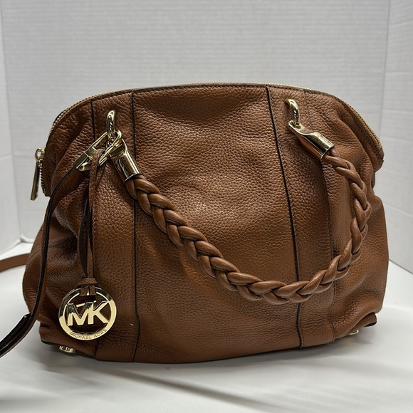Michael Kors Naomi Bowling Purse Bag Leather Braided Handle Satchel Cognac Brown - Picture 1 of 10